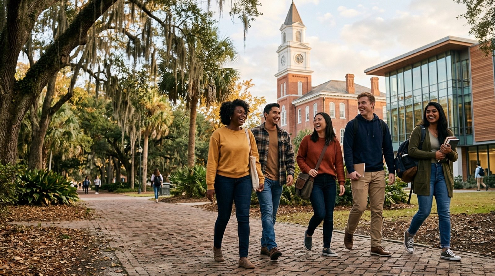 Students walking together beneath live oaks on the Palmetto Ridge campus, with the Old Main clock tower behind them