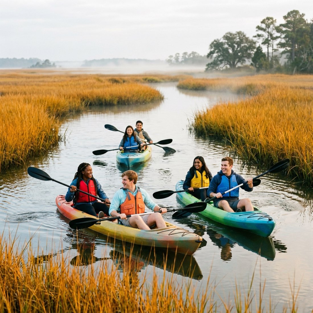Kayak Club paddling through the salt marsh