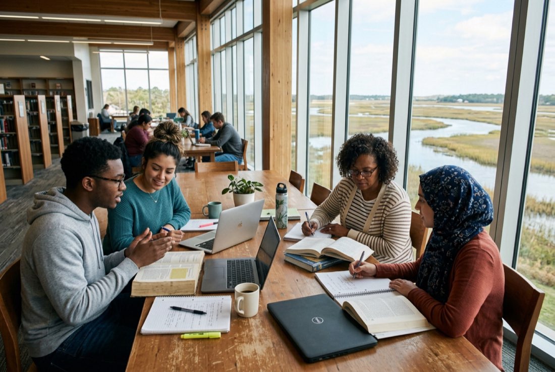 Students studying together in the Learning Commons overlooking the marsh