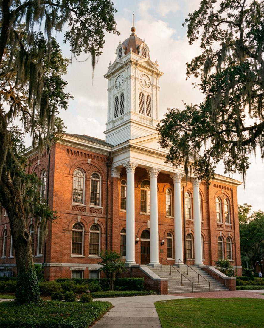 Old Main, the 1902 red-brick building with its white clock tower