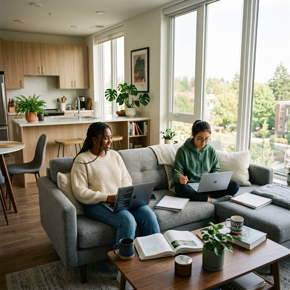 Roommates studying in a Ridgeview residence hall apartment