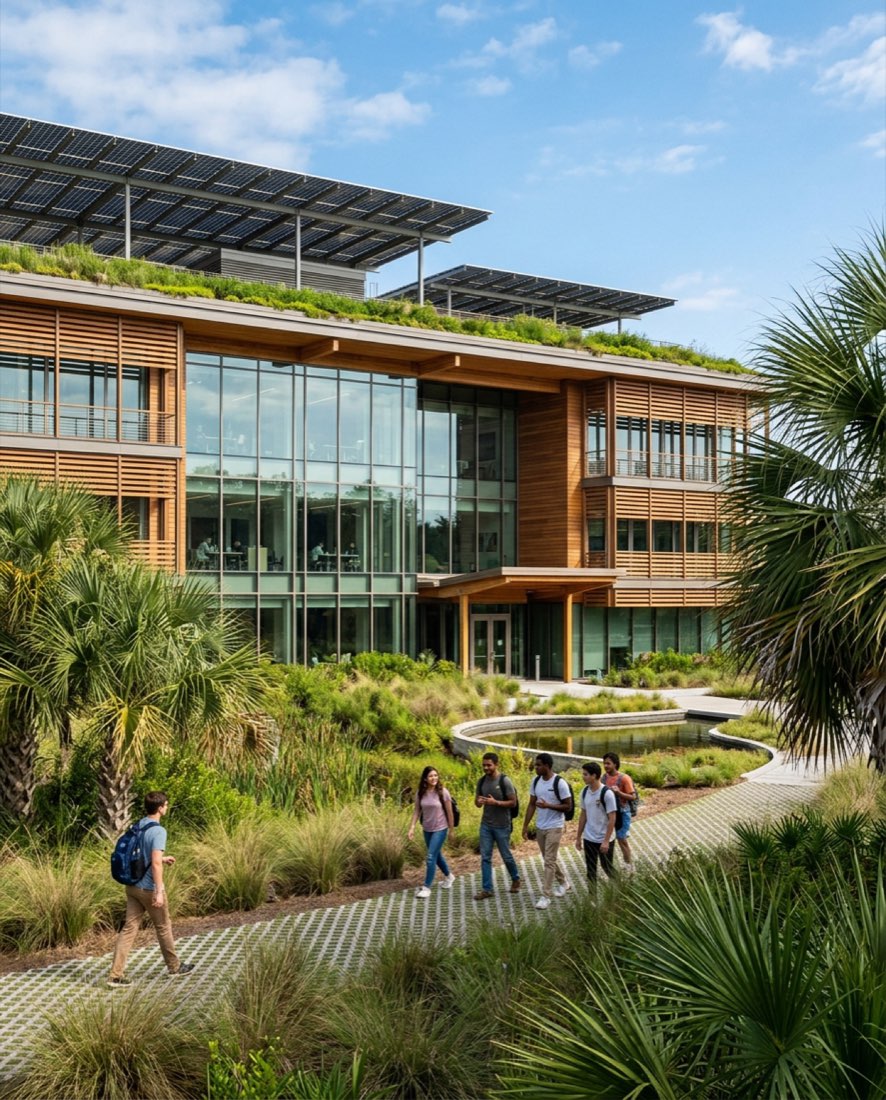 The solar-roofed Ridgeview Campus with palmettos and marsh grasses