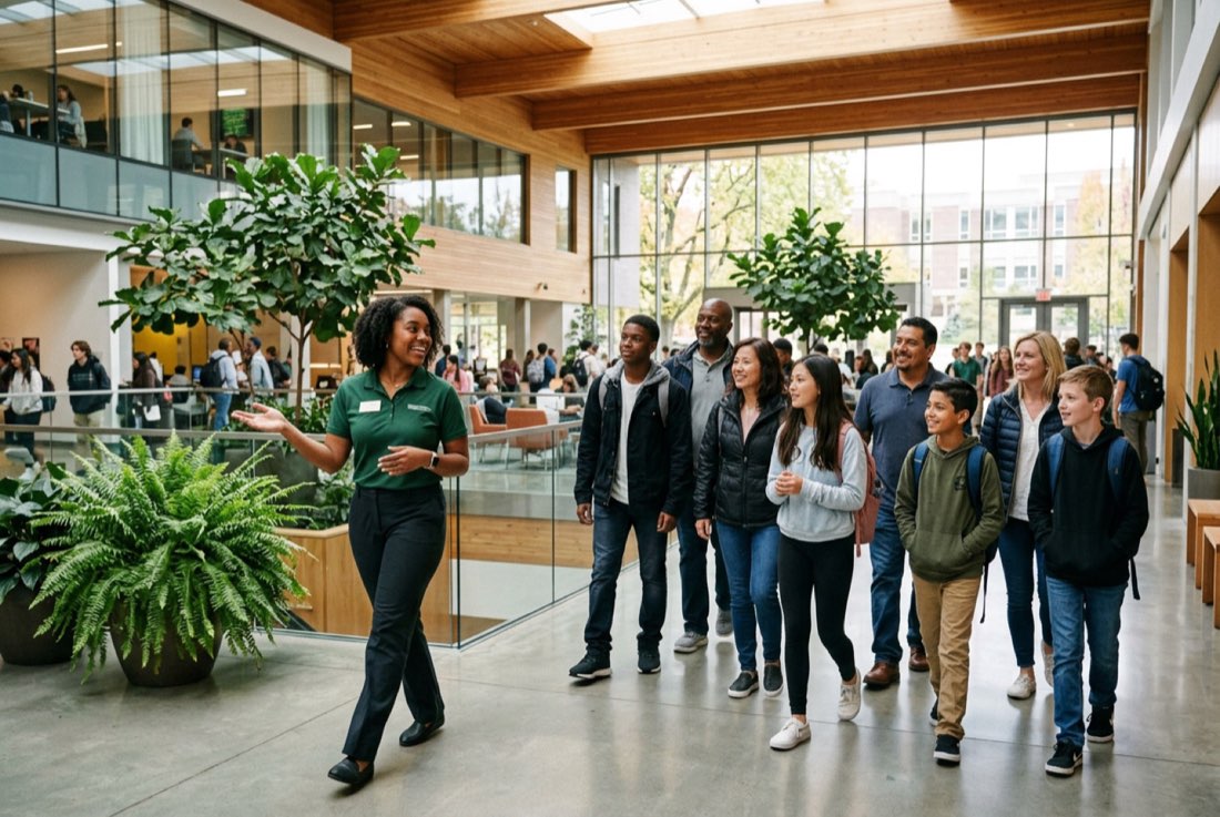 A student guide leads prospective students and families on a tour of Ridgeview Commons
